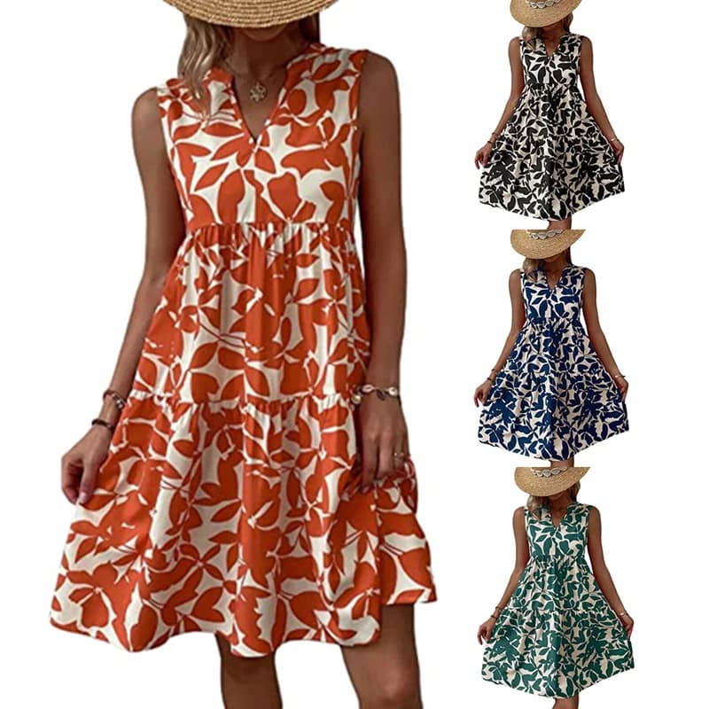Abito lungo estivo da donna alla moda con scollo a V, gonna a pieghe, vita alta, linea ad A, stile street
