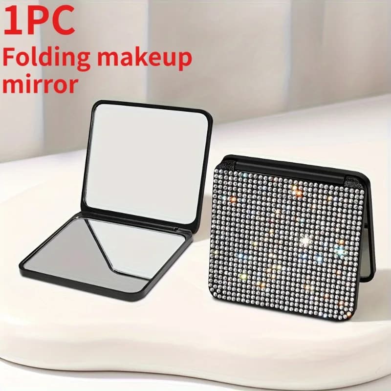 1PC Glitter Rhinestone Foldable Makeup Mirror, Double Sided Square Compact Mirror for Handbags