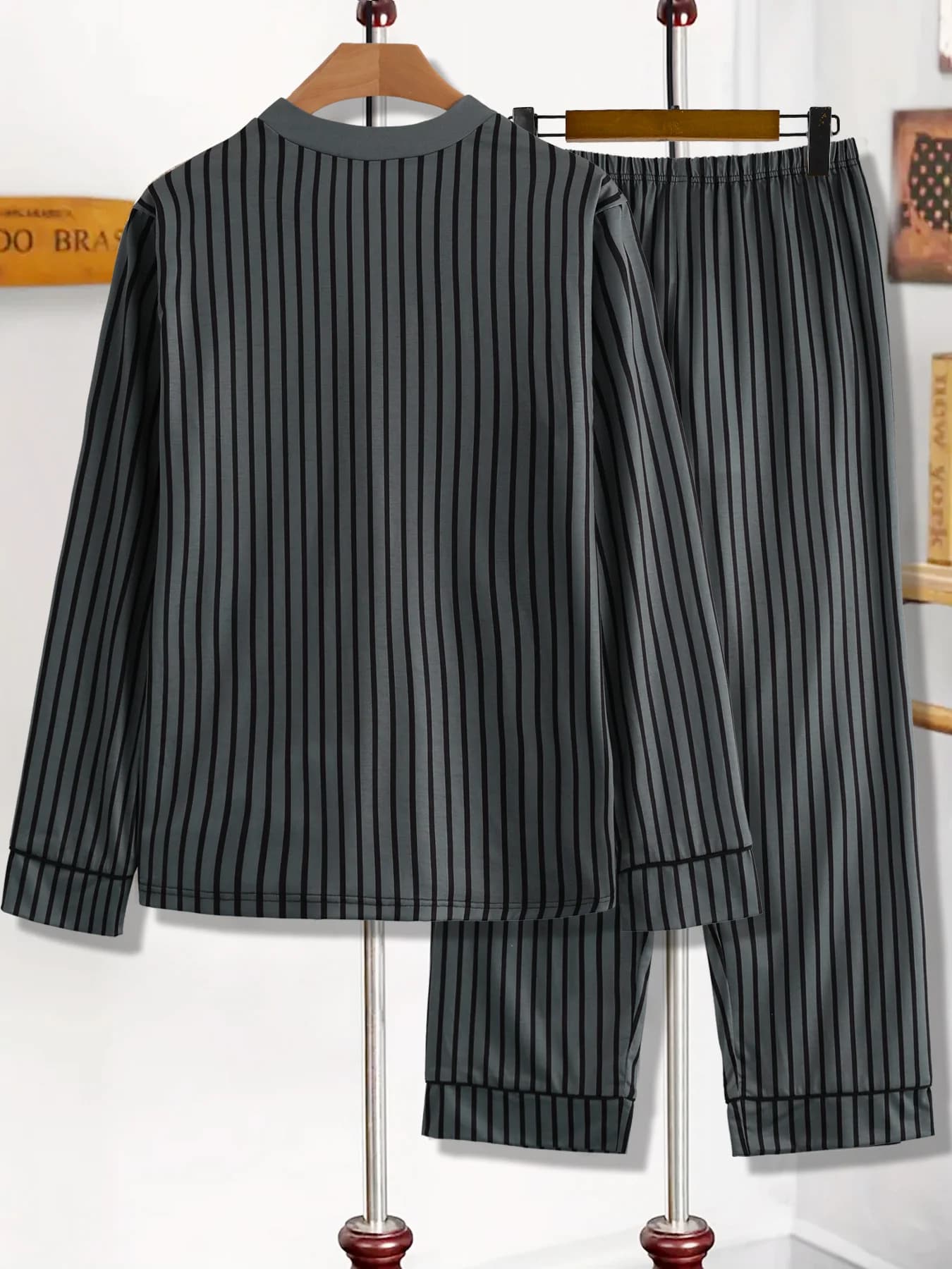 Set Pigiama with V-neck and Vertical Rows Dark Grey | Comfortable Complete Two Pieces with Long Sleeves and Relax Pants