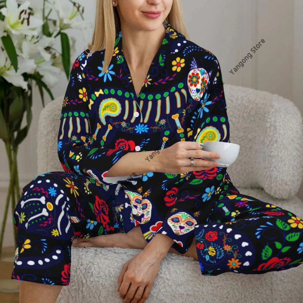 Set pigiama primaverile e autunnale Pantaloni a maniche lunghe da donna Due pezzi Gatti e teschi di zucchero per il giorno dei morti Set di arredamento per la casa