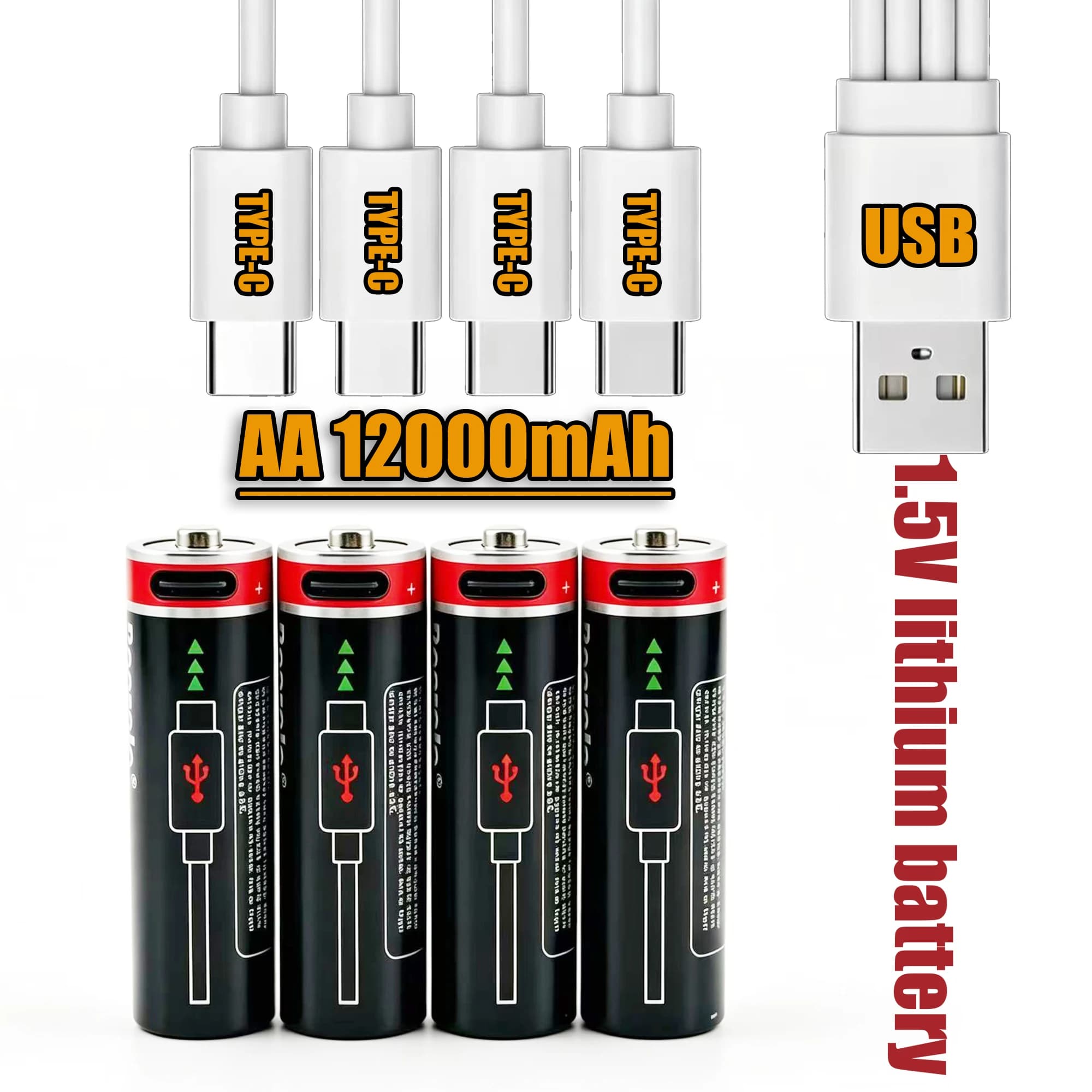 Batteria al litio AA ricaricabile USB Type-C da 1,5 V 12000 mAh per telecamera da caccia Mouse con telecomando Microfono per serratura intelligente