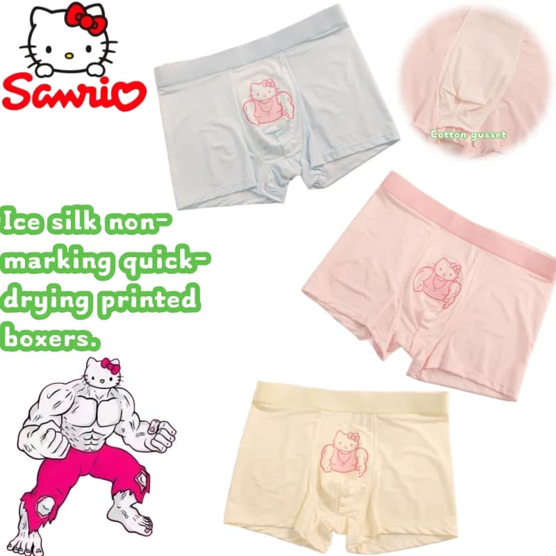 I boxer da uomo estivi Sanrio Hello Kitty sono boxer stampati ad asciugatura rapida, creativi e umoristici, in seta di ghiaccio, antitraccia