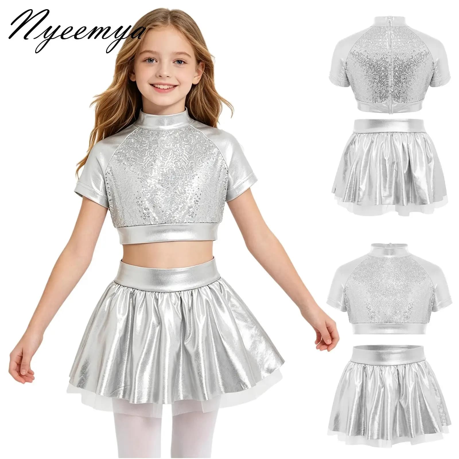 Teen Girls Sequins Jazz Dance Outfit Mock Neck Shiny Metallic Crop Top with Skirted Bottom Skirt Ballet Ice Skating Costumes