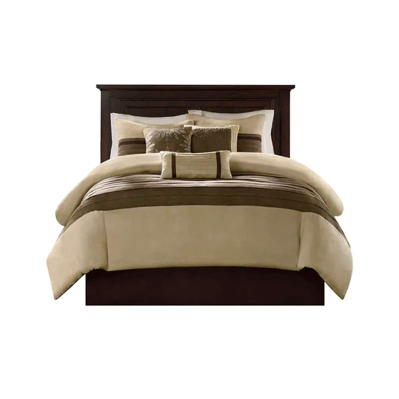 7 PC Pieced Faux Suede Comforter Set Natural King