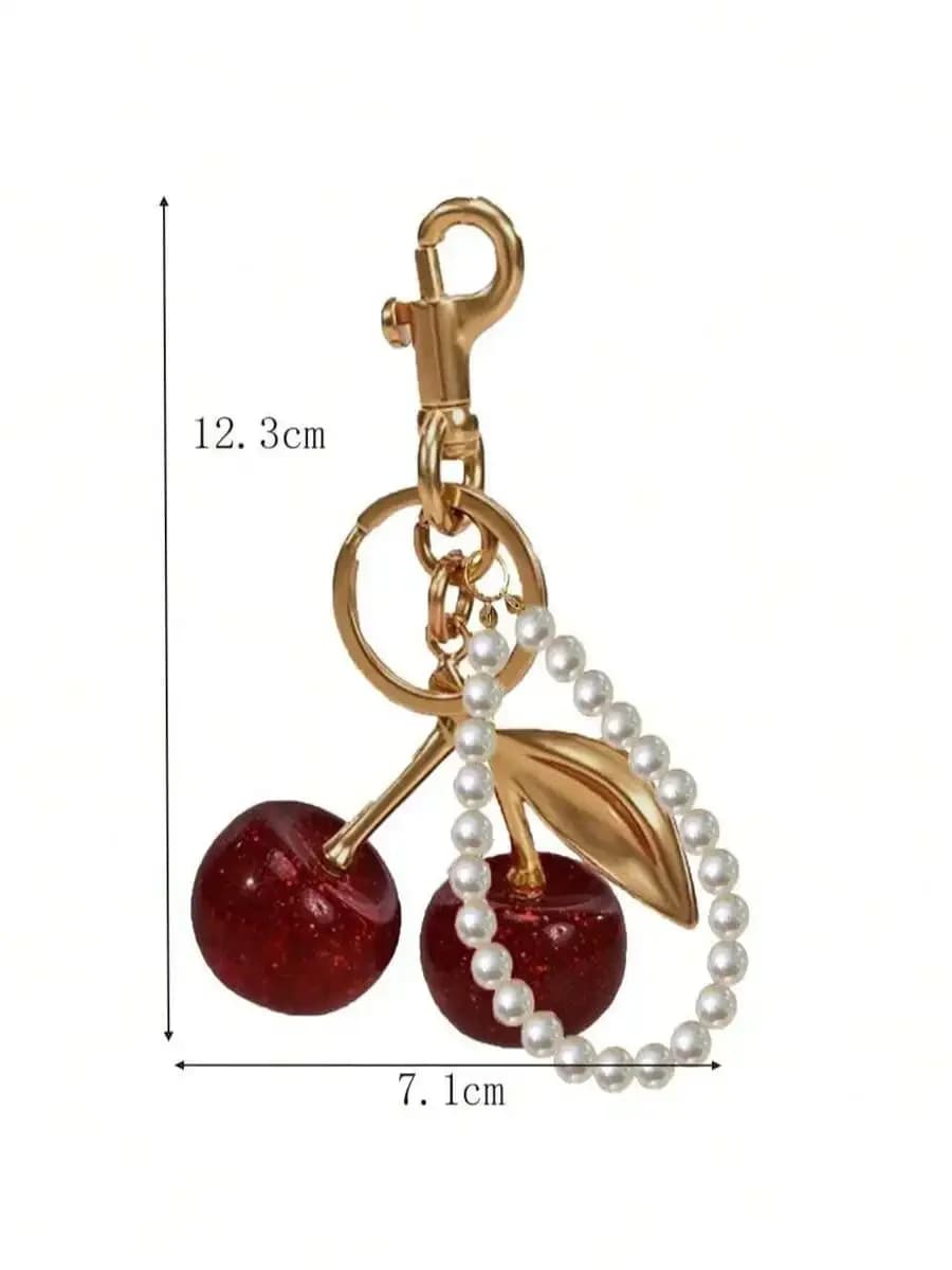 Elegant Cherry Keychain With Shiny Resin Pendant Alloy Material Pearl Chain For Women Bag Wallet Charm