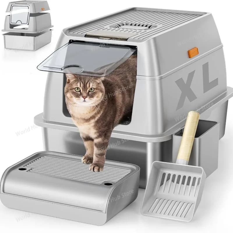 Lettiera per gatti in acciaio inossidabile con custodia e paletta laterale alta, XL extra large, metallo rimovibile, anti-perdite