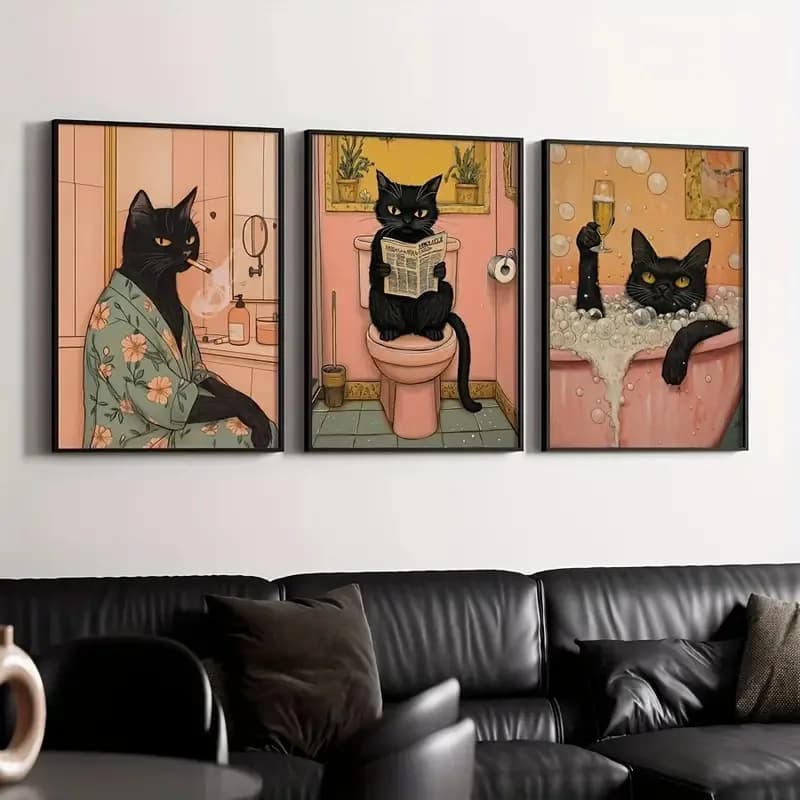 Bagno rosa Gatto nero Poster su tela Animali divertenti Toilette Stampe artistiche da parete per soggiorno Bagno Lavanderia Decorazioni per la casa