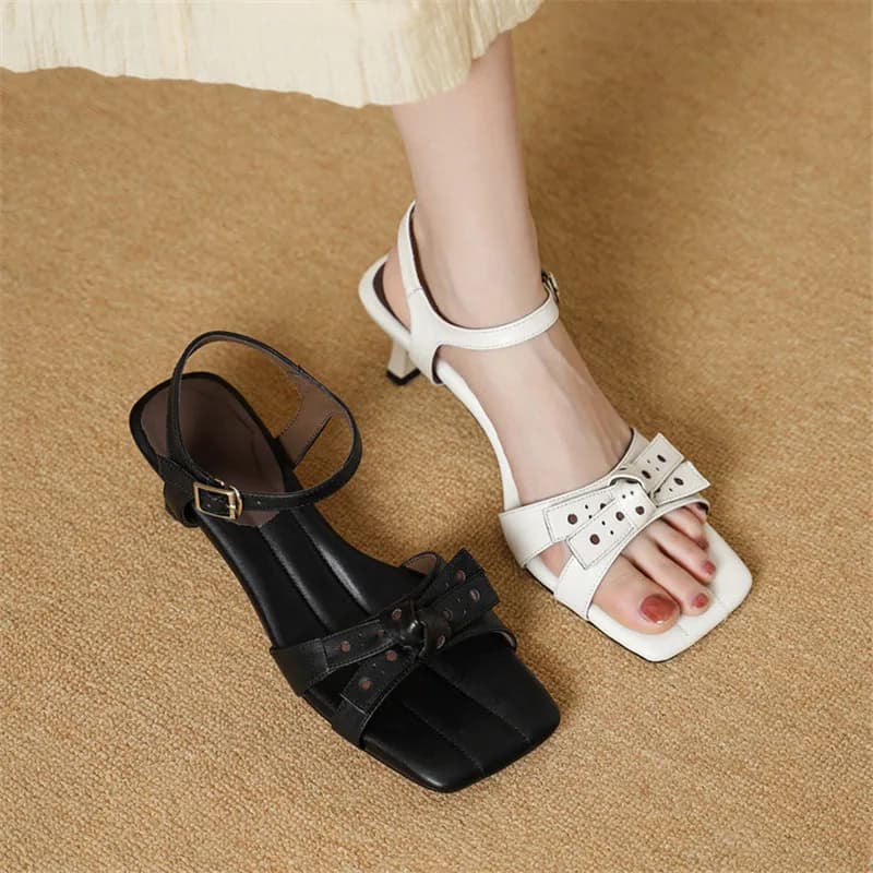 New Summer Sandals Genuine Leather Women Shoes Square Toe Shoes for Women Fashion Bow Mixed Color Sandals Handmade High Heels