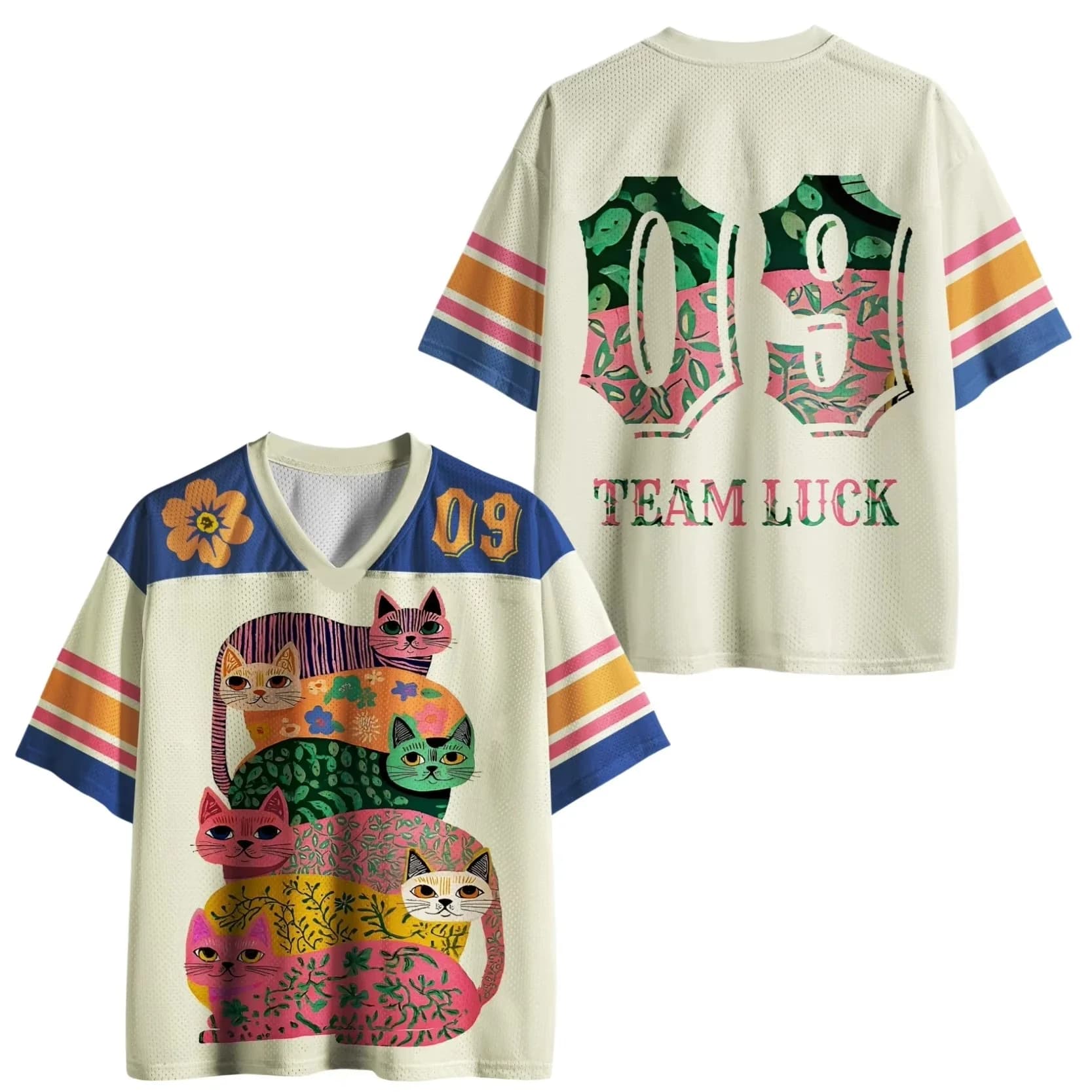 Colorful Stacked Cats 09 TEAM LUCK Mesh Football Jersey Tee Unisex Retro V Neck Oversized Street Short Sleeve Shirt