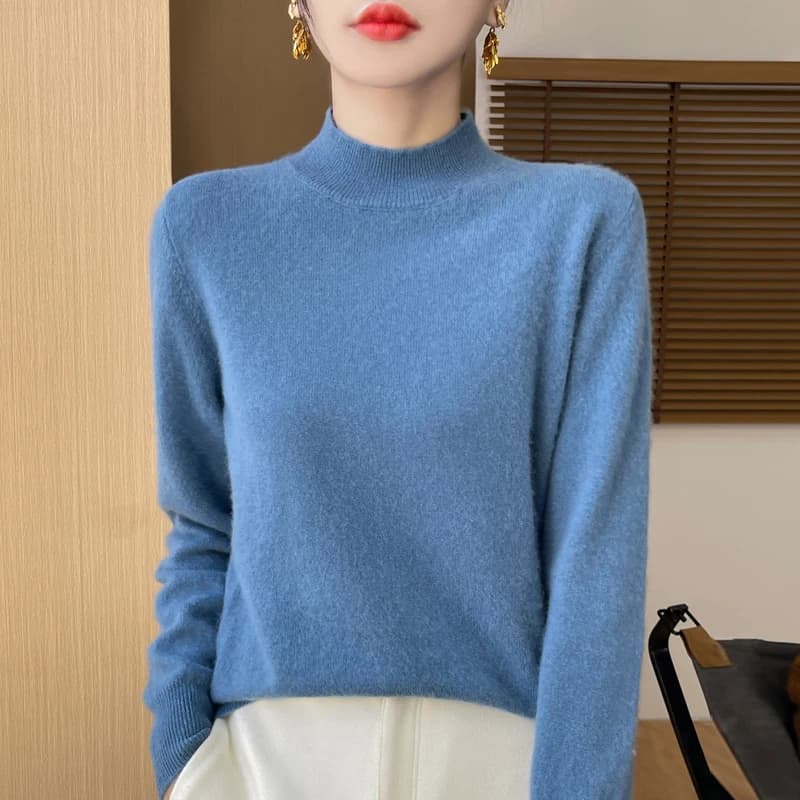 Autunno/Inverno Nuovo Maglione di Cachemire 100% Pura Lana delle Donne Semi-dolcevole Maglia Pullover Moda Allentato Caldo Fondo Camicia Top