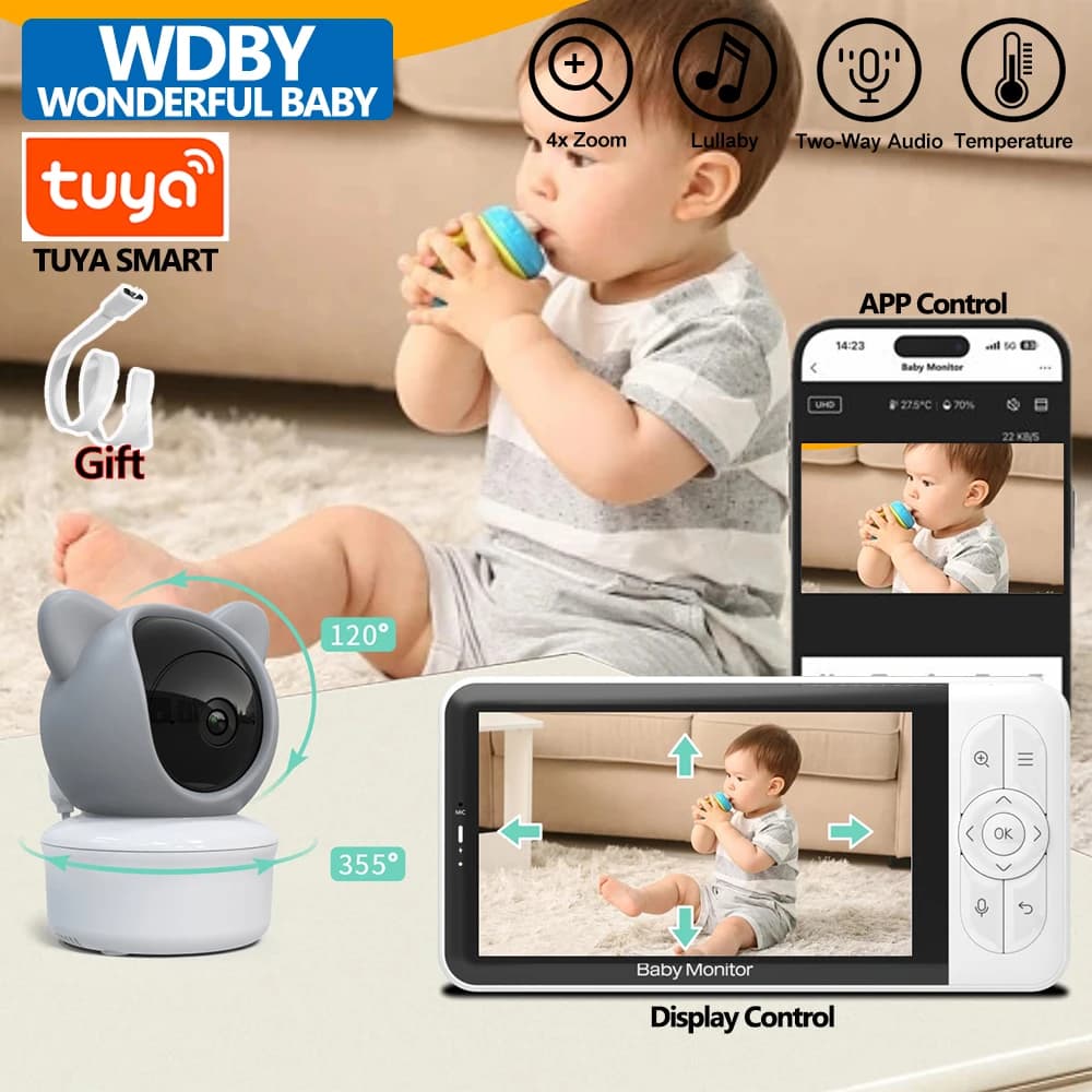 Monitor Video per Bambini da 5 Pollici con Telecamera PTZ, Zoom 4X, Controllo Dual tramite App Mobile e Monitor, Audio Bidirezionale, Sorveglianza Intelligente TUYA per Bambini