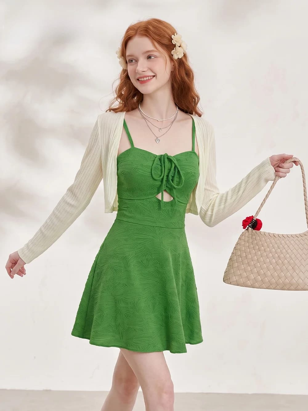 2026 New Green One-Piece Swimsuit Women's Slimming Batheruit Vacation Two-Piece Set Long Sleeve French Style Leisure Swimsuit