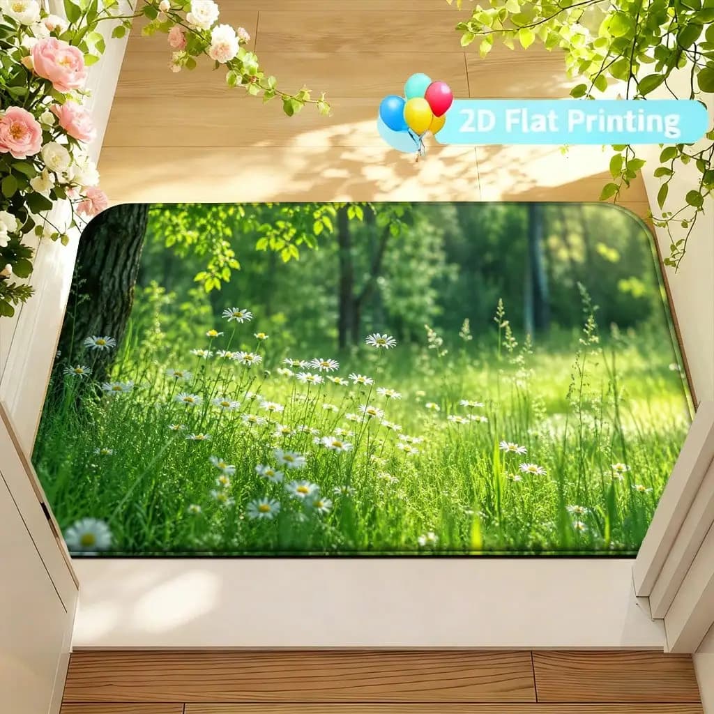 2D Flat Print, Spring Daisy Forest Pattern Printed Doormat, Soft Flannel Welcome, Non-Slip, Washable, Foldable, Suitable Bathroom, Kitchen, Living Room, Bedroom, And Doorways, Seasonal Decor DPL9