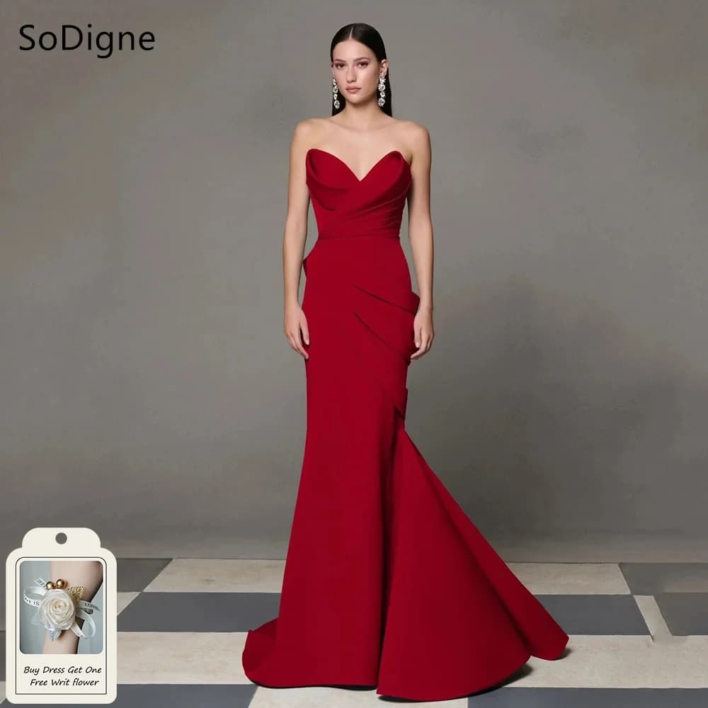 SoDigne Elegant Red Evening Dresses Strapless Sleeveless Pleats Party Dress Simple Mermaid Floor-Length Prom Gowns Customized