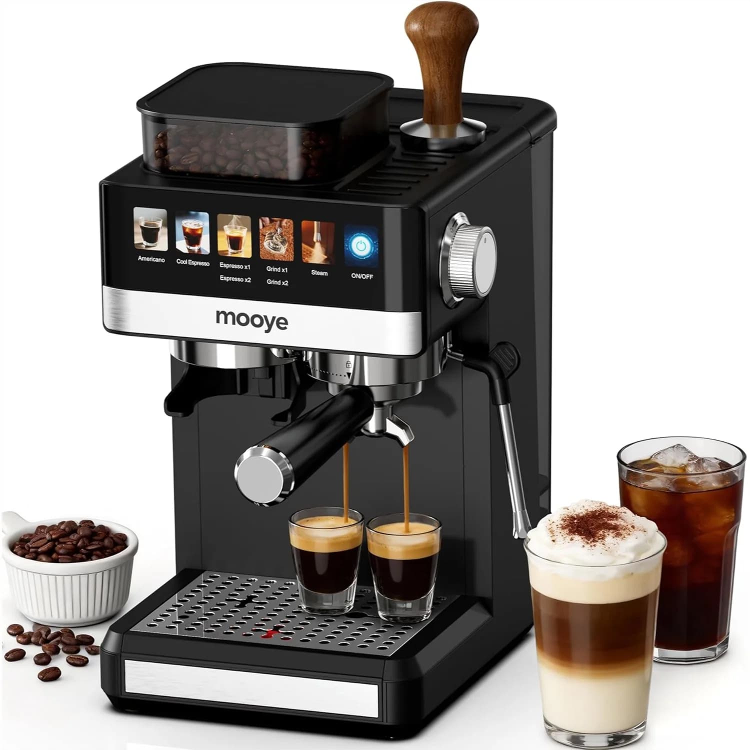 Macchina per Espresso con Macinacaffè, Compatta 20 Bar con Montalatte a Vapore per Cappuccino, Latte, Cold Brew e Americano