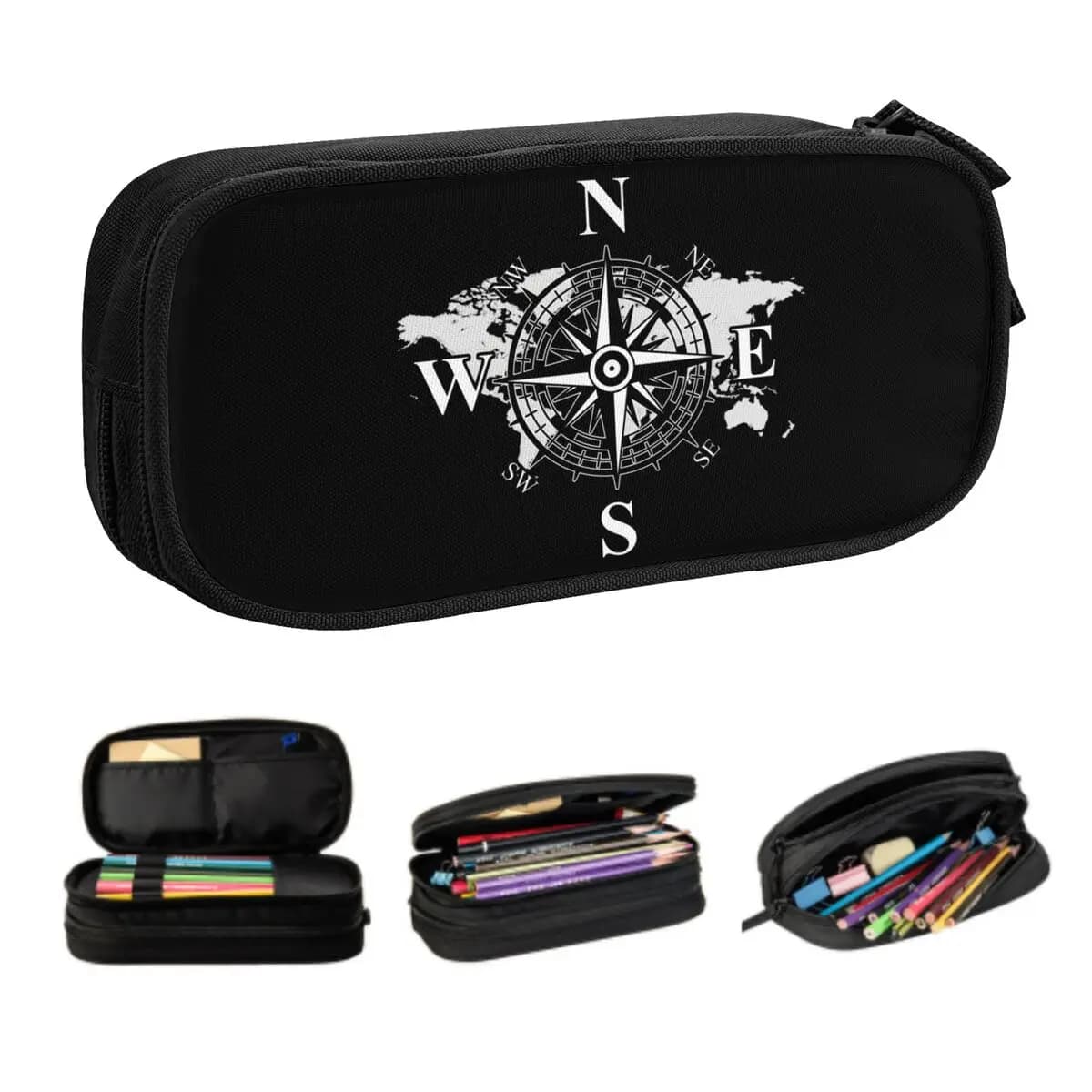 Bussola Kawaii personalizzata con mappa del mondo Astuccio per matite per punti cardinali della terra Borsa per penne grande Scatola per accessori scolastici