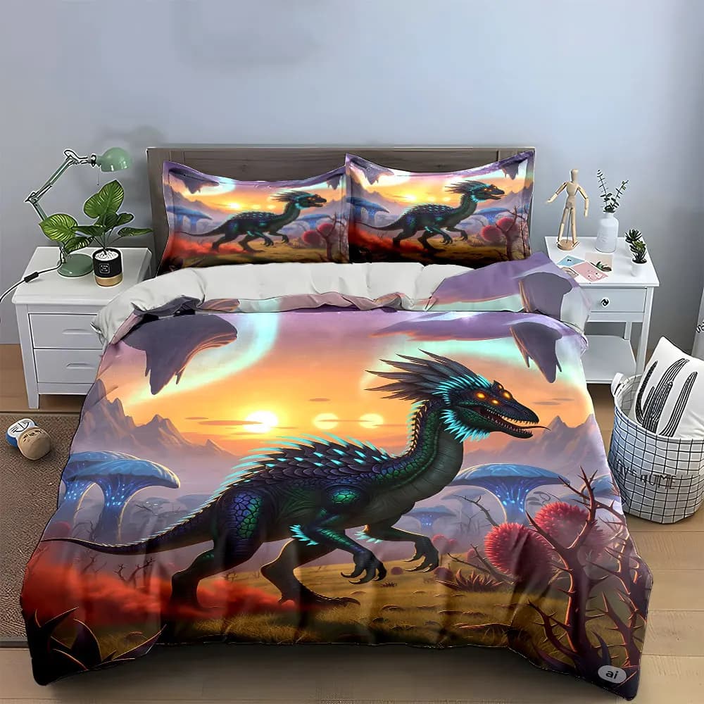 Set di biancheria da letto Fantasy Dinosaur Art Decor Set con 1 copripiumino e 2 federe, singolo, matrimoniale, king size, queen size, regalo