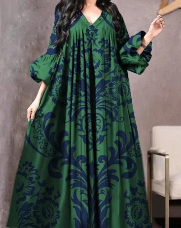 Abito stampato vintage da donna traspirante ampio abito mediorientale casual manica lunga Abaya scollo a V Abaya musulmano allentato per le donne
