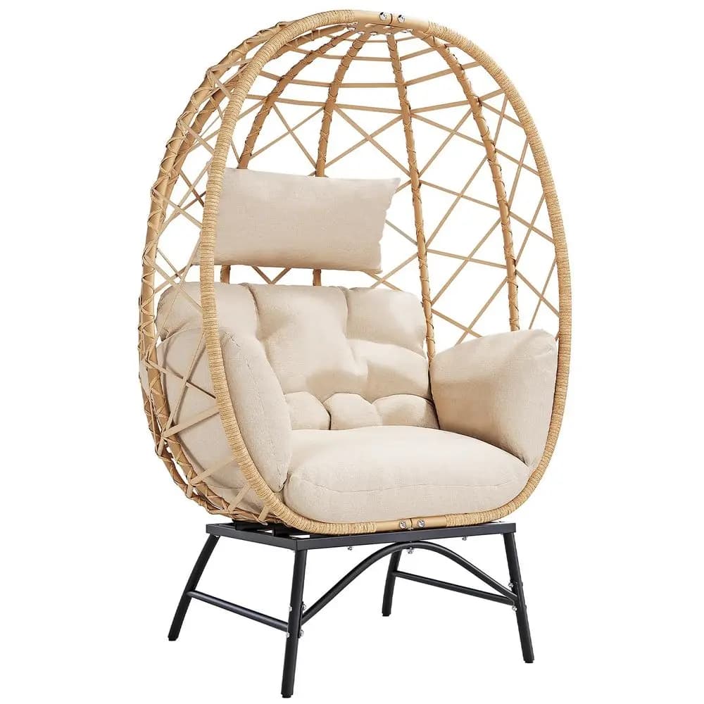 Poltrona a Uovo da Esterno, Sedia Lounge Oversize con Cuscino per Soggiorno, Camera da Letto, Giardino, Balcone - Beige