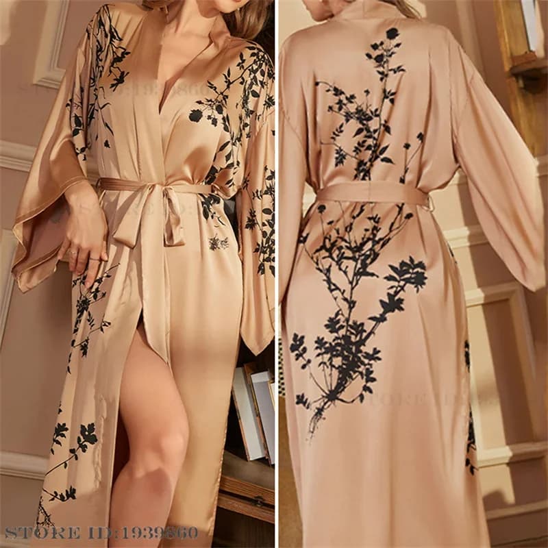 Abito lungo da donna taglie forti Abito da notte con stampa floreale Kimono Accappatoio Abito Primavera Nuovo abito da notte Abbigliamento da casa Casual Pigiama in raso
