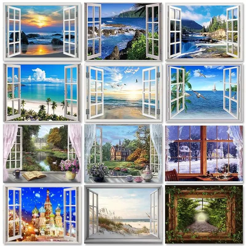 Full Square Diamond Painting Landscape Diamond Mosaic Picture Of Rhinestone Scenery Outside the Window Home Decor