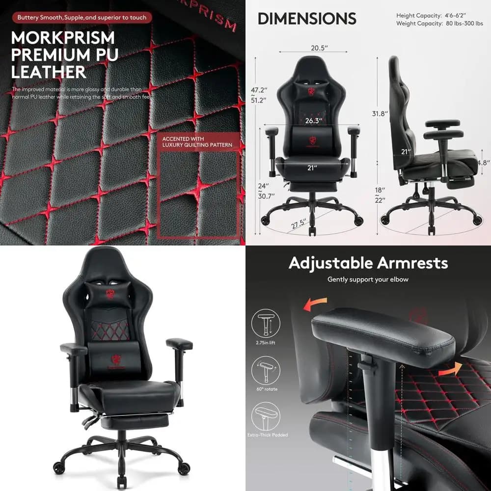 Sedia da Gaming Ergonomica Reclinabile in Pelle con Poggiapiedi, Supporto Lombare Massaggiante, Imbottitura in Gel, Braccioli Regolabili in Nero e Rosso