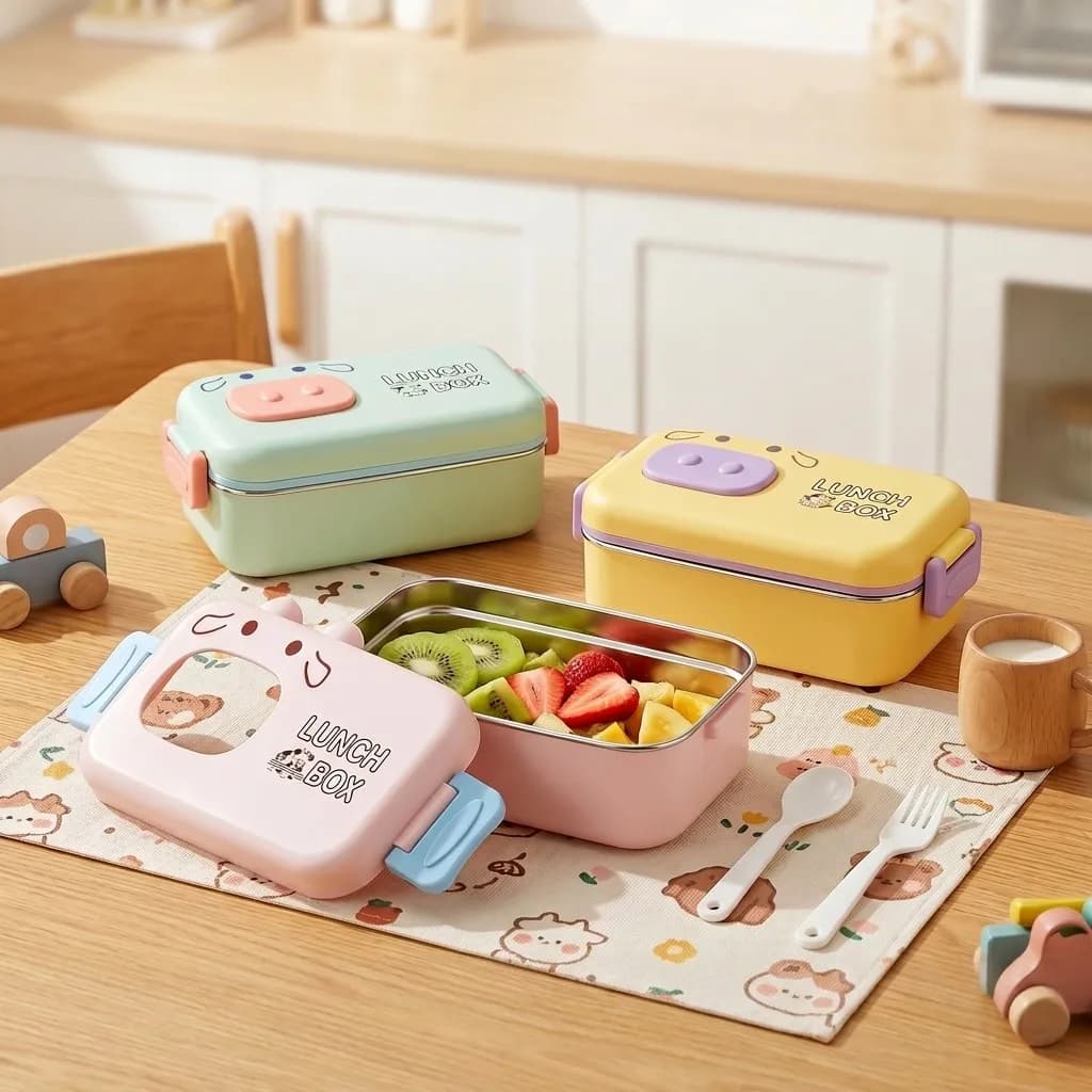 304 Stainless Steel Bento Box Leakproof Divided Kids Lunchbox Cartoon Microwavable Food Storage Container with Cutlery Snack Box