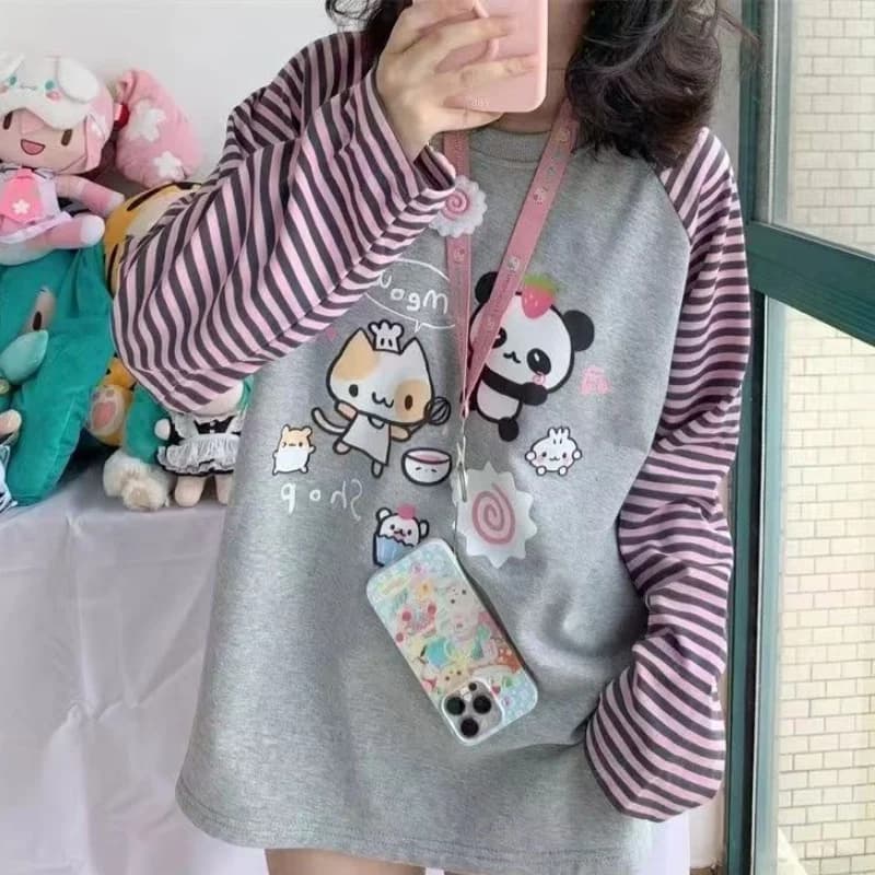 T-shirt per donna Top a maniche lunghe Giappone Kawaii Cartoon Anime Stampa Camicie e camicette T-shirt grafiche a righe OTAKU Y2K da donna