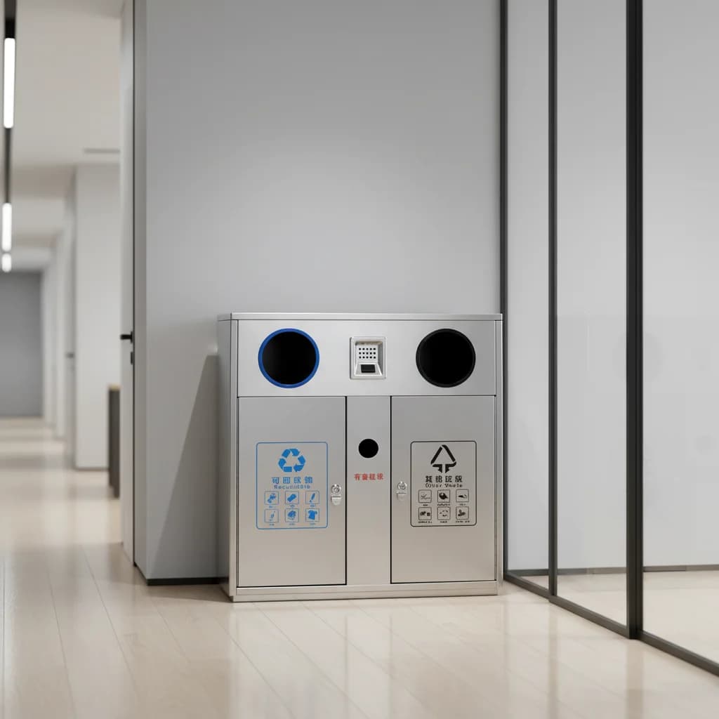 Bidone per Riciclaggio a 3 Scomparti da 45L in Acciaio Inox Ecologico, Cestino Commerciale da Esterno con Fessura per Sigarette, Resistente per Ufficio