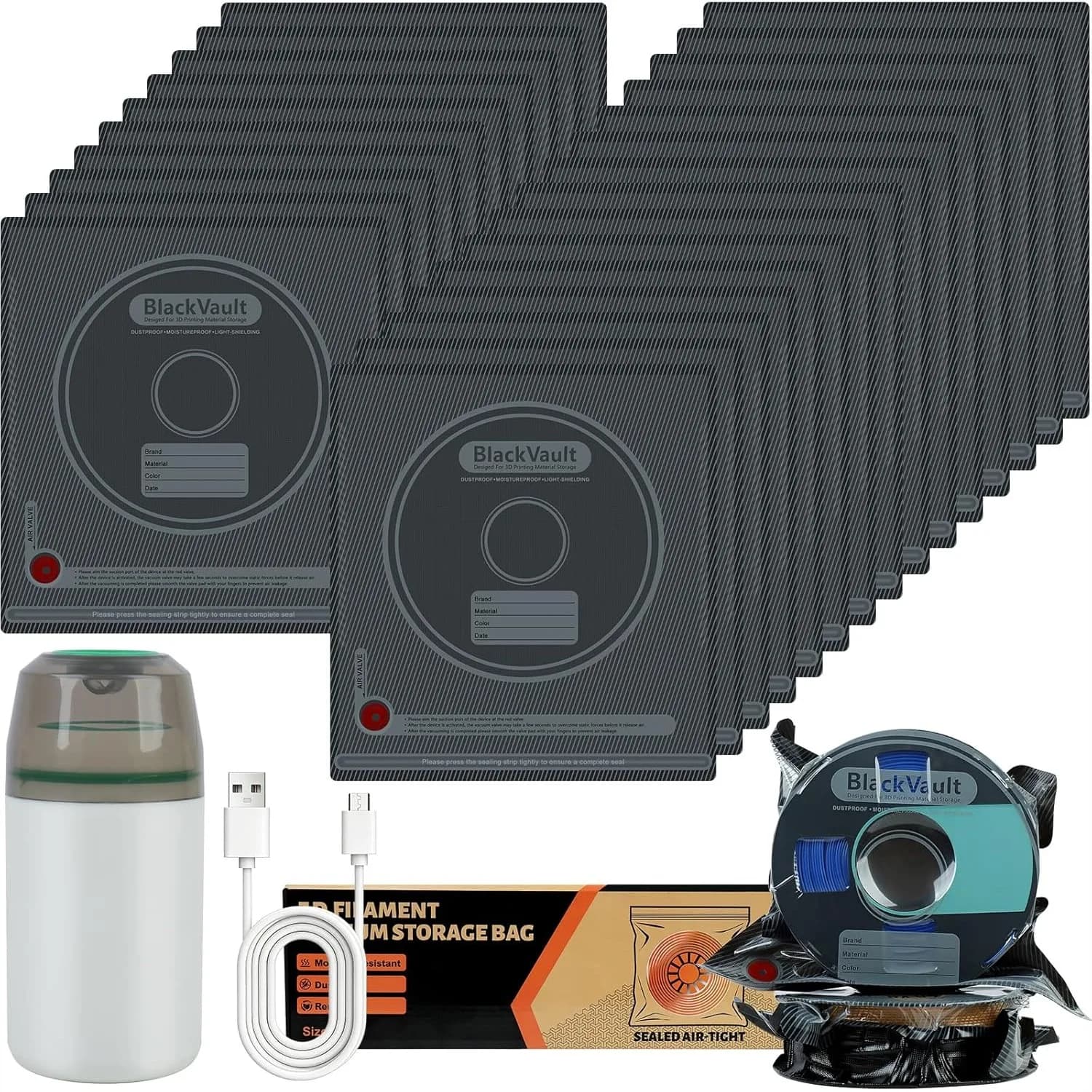 Kit di Sacchetti Sottovuoto per Filamenti 3D, 25 Pezzi con 5 Clip Sigillanti e 1 Pompa per Bobine da 1KG, Impermeabili alla Luce e alla Polvere, Riutilizzabili