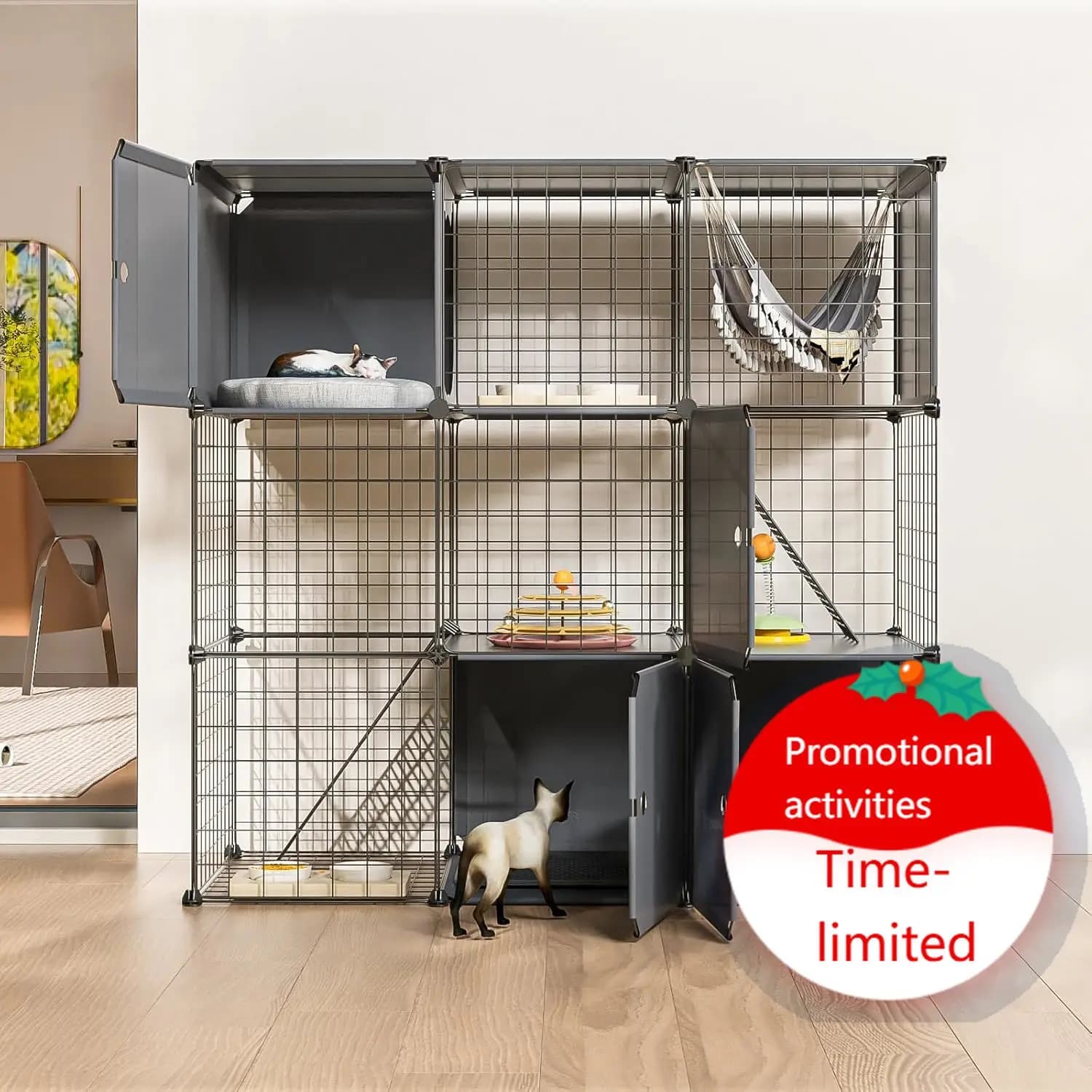 Recinto per Gatti a 3 Livelli Grande per Interni ed Esterni con Lettiera, Box Multifunzionale Staccabile - Gabbia in Metallo Fai-da-te