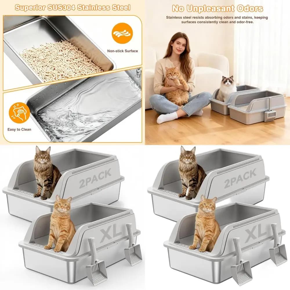 Lettiera Extra Large in Acciaio Inossidabile per Gatti Grandi e Gatti Multipli, con Bordi Alti, Anti-Perdita, Anti-Odore, Facile da Pulire, Inclusa
