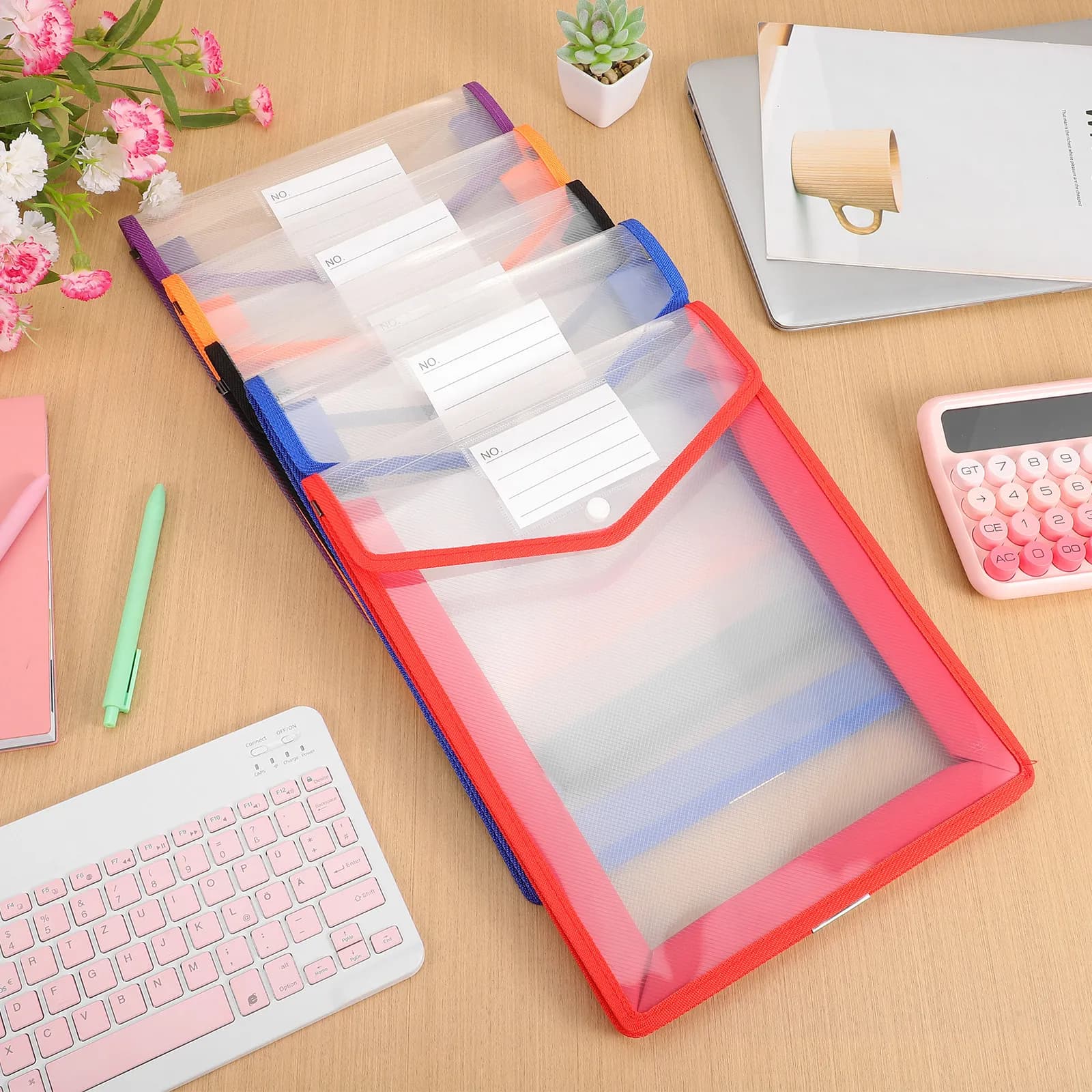 Set di 5 Cartelle Espandibili Verticali in Plastica Trasparente, Formato Lettera, Organizzatore per Documenti con Chiusura a Bottone e Tasche per Etichette, Ideale per Viaggi