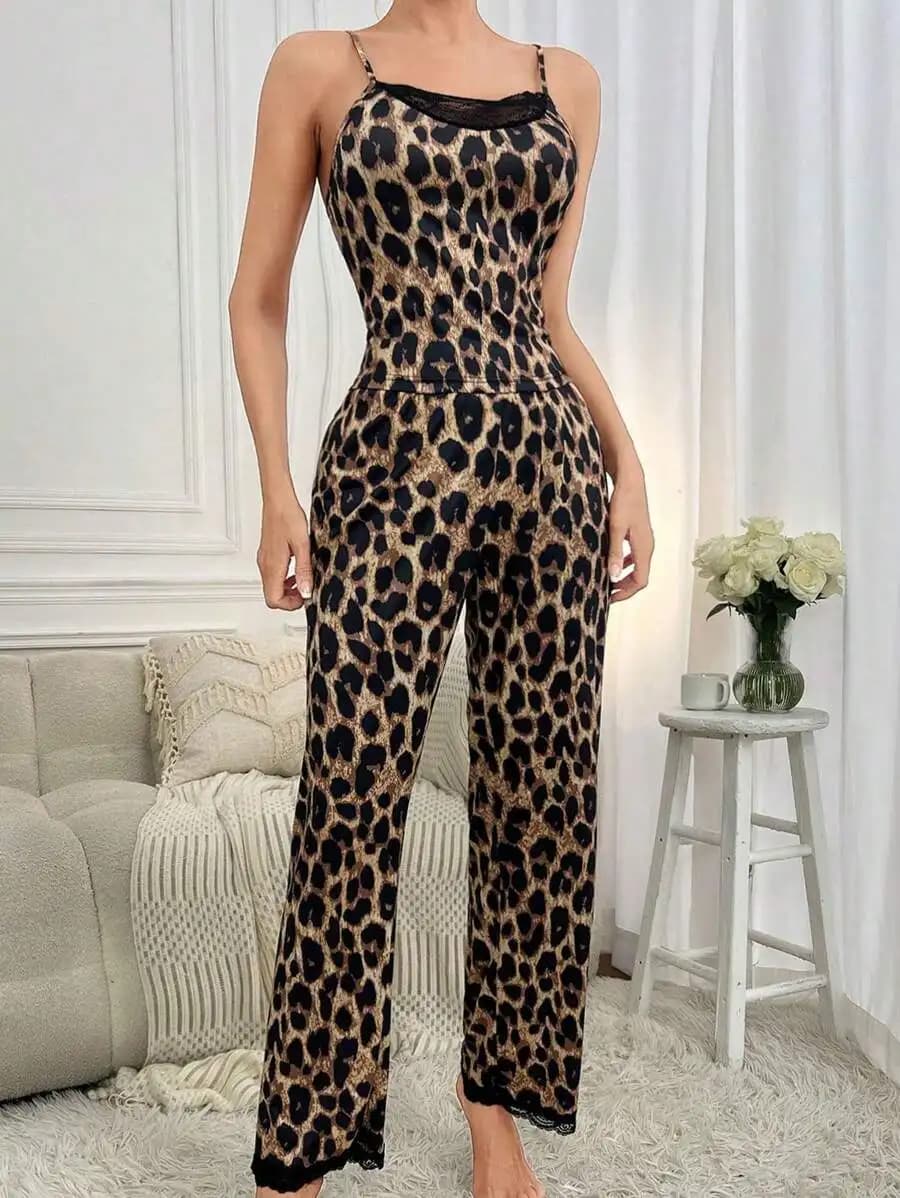 Womens Leopard Print Lace Trim Pajama Set