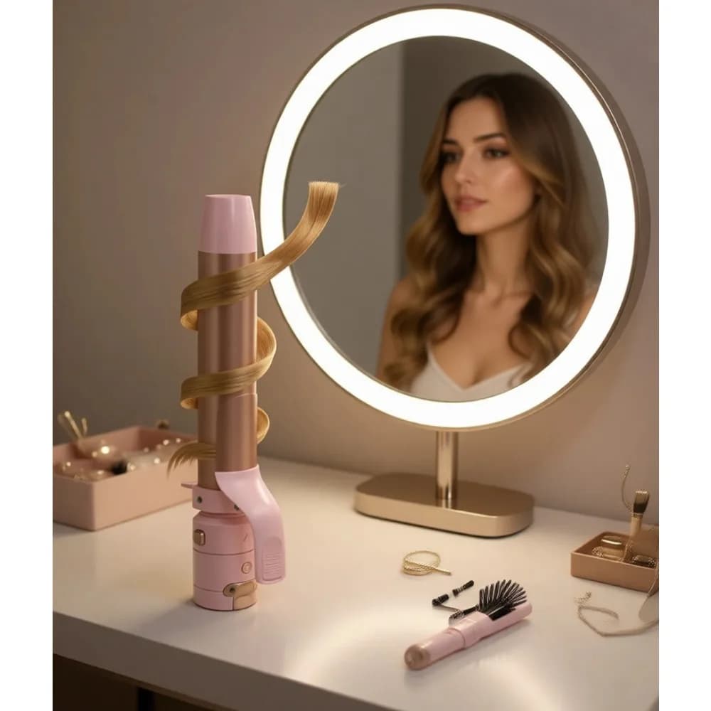 Set 3 in 1 con Ferro Arricciacapelli Automatico Rotante e Spazzola Termica Intercambiabili, con Temperatura Regolabile