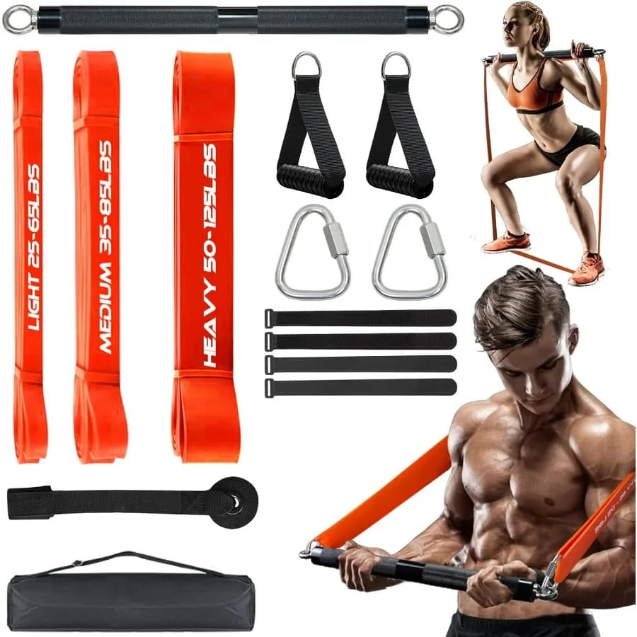 Set di barre di resistenza compatte da 23 pollici (58 cm) con 3 fasce impilabili - Kit da palestra per uso domestico resistente da 500 libbre, Eq portatile per allenamento completo del corpo