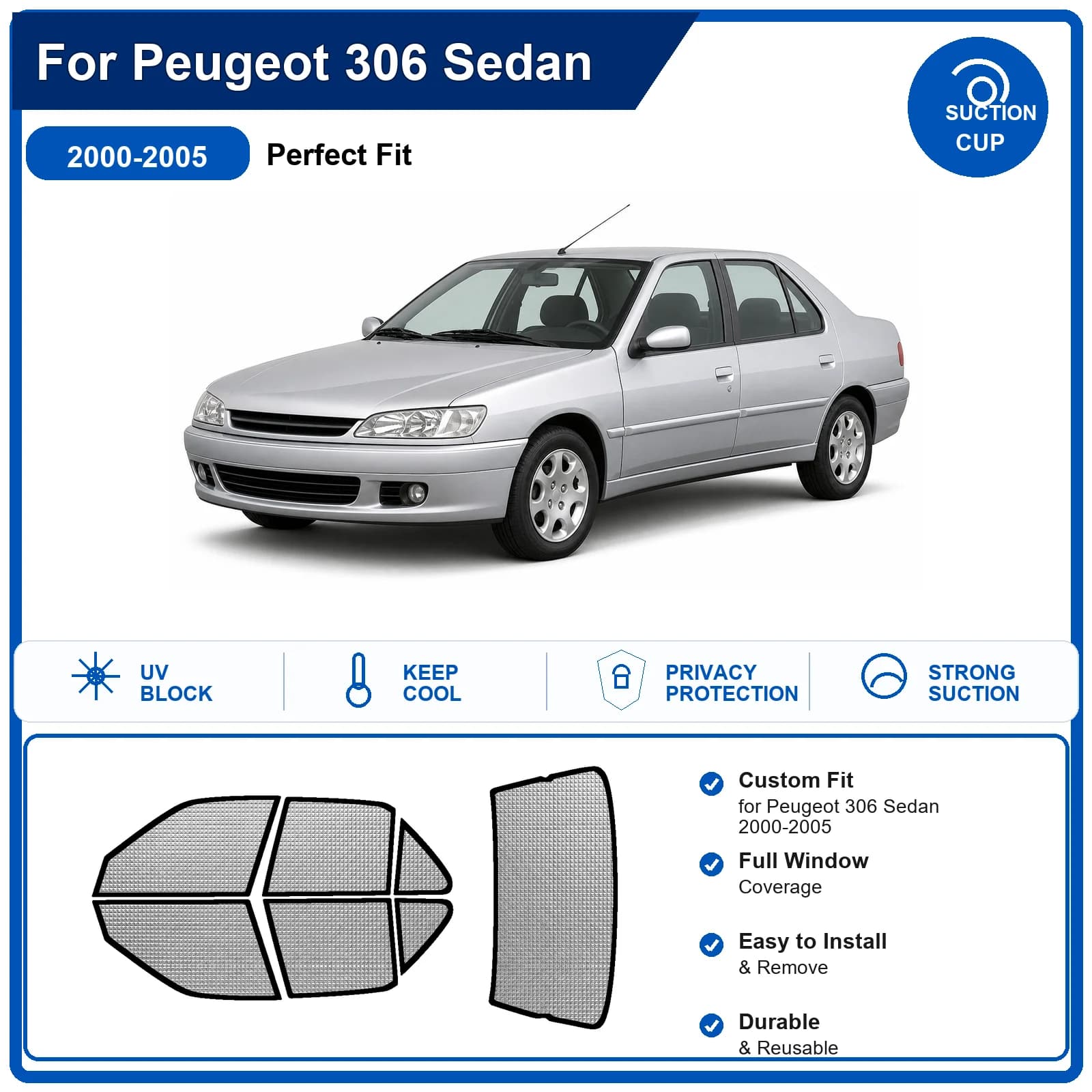 For Peugeot 306 Sedan 2000-2005 Custom Full Set Windshield Sun Shade Aluminum Foil Heat Insulation Anti UV Foldable