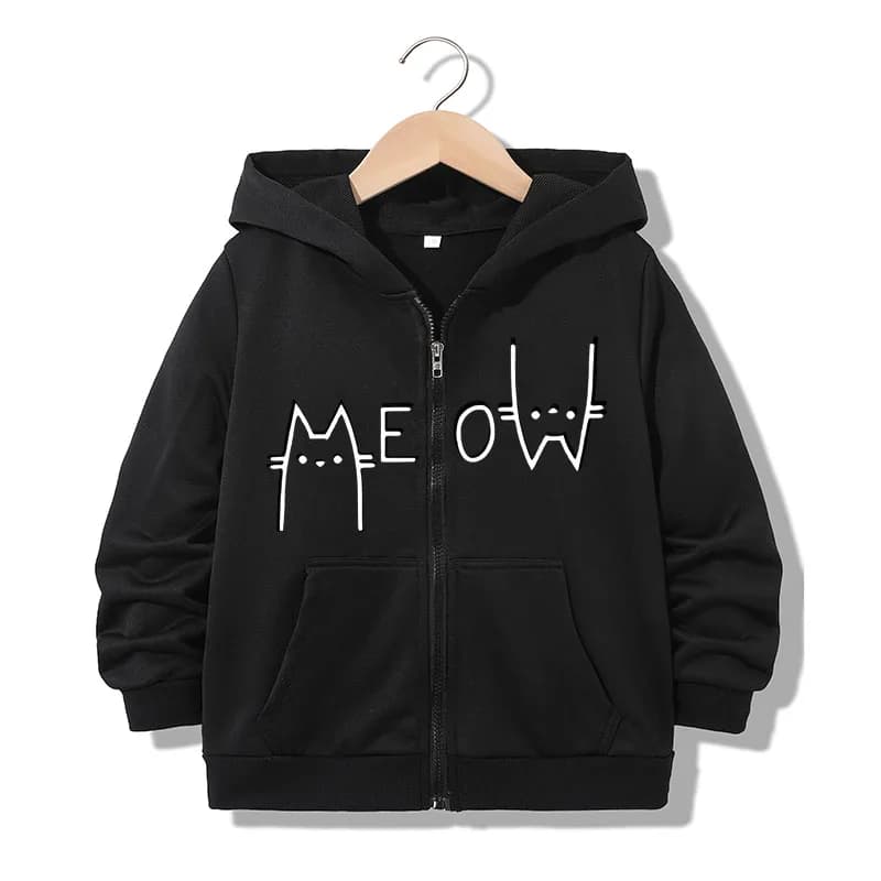 Felpa con cappuccio con cerniera Cute Meow Cat Meme, divertente e casual, con lettere, giacca con cerniera Y2K per ragazzi e ragazze, felpa con cerniera primavera autunno