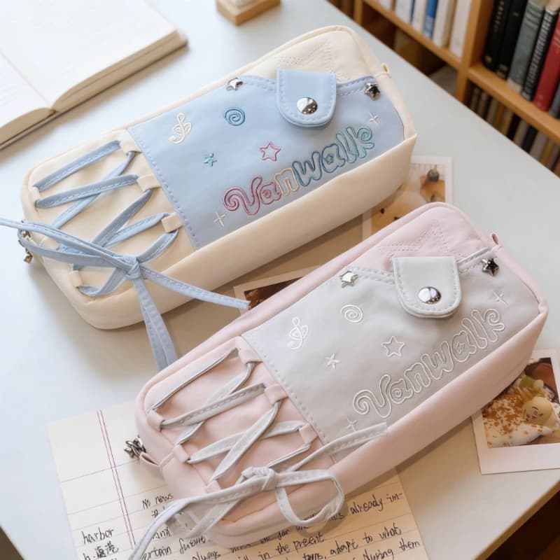 Astuccio Grande Capacità con Design a Stelle e Note Musicali, Scatola Porta Cancelleria di Nicchia per Ragazze delle Scuole Medie, Borsa Porta Penne in Tela