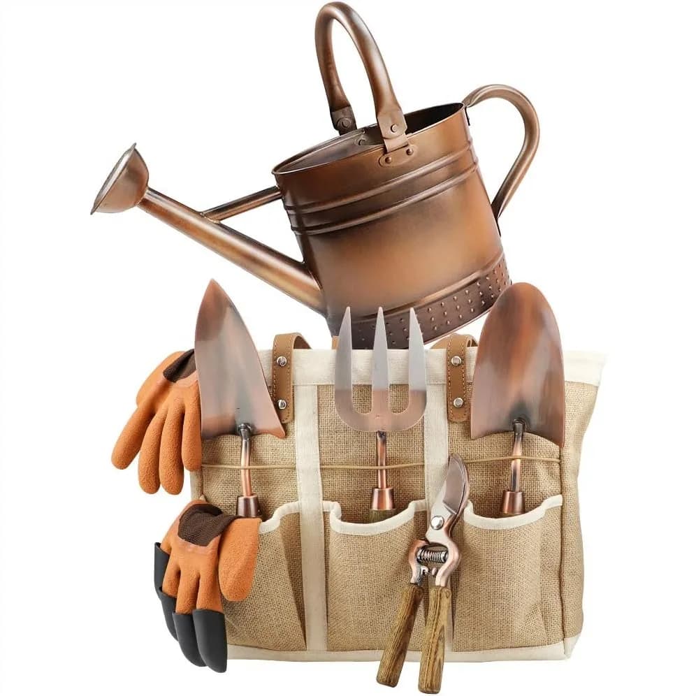 Annaffiatoio in Acciaio Zincato con 3 Attrezzi da Giardino, Forbici da Potatura, Guanti e Borsa Organizer
