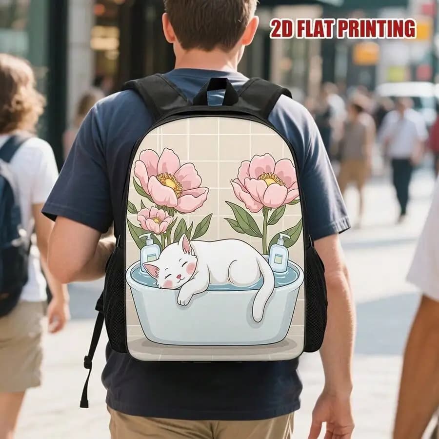 Lightweight Polyester Backpack With Zen Cat Spa Print Adjustable Straps Large Capacity For Daily Commute