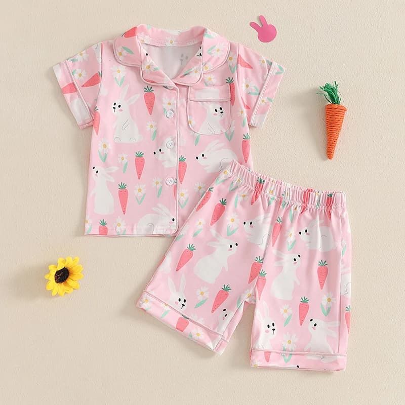 Lovely paschal bunny set for girls with short sleeves and shorts for spring and summer homewear - Set of 2 pieces