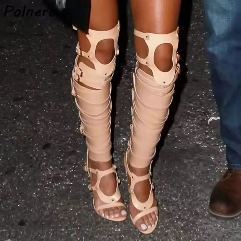 Hollow Buckle Strap Sandals Boots Brown Black Leather Solid Round Toe Thin Heels Women Knee High Boots Sexy Runway Banquet Shoes