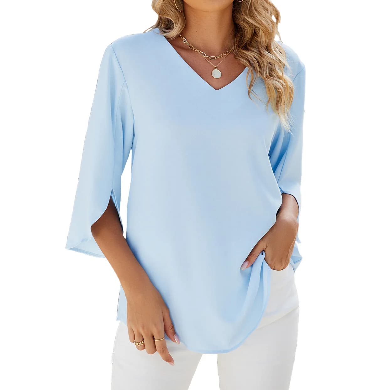 Camicette in chiffon da donna eleganti in tinta unita Primavera Nuova moda Semplice pullover con scollo a V Mezza manica Camicie larghe 2025 Top casual