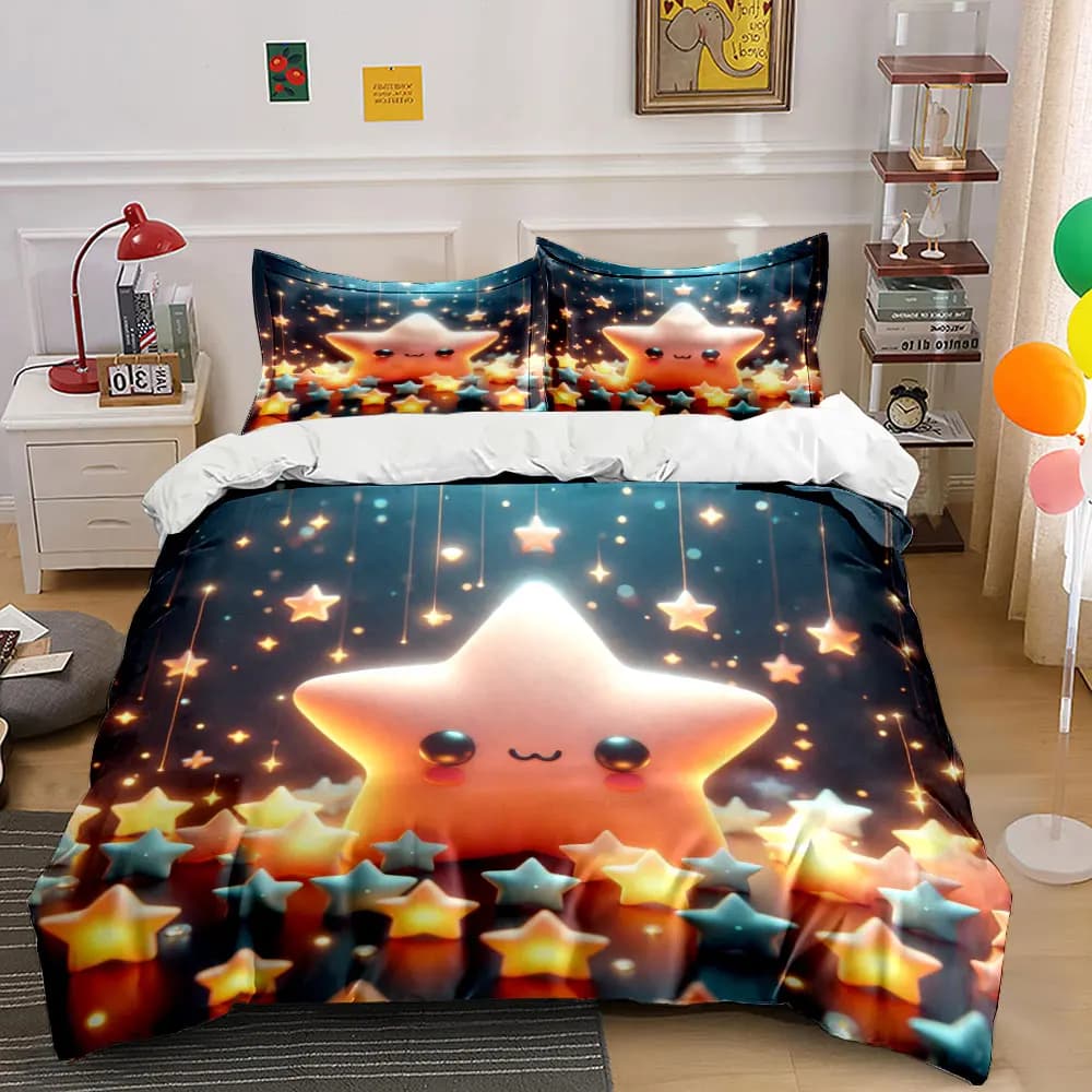 Set copripiumino con motivo di stelle luminose, sognanti e carine, stampa digitale, biancheria da letto in poliestere colorato con chiusura a cerniera, per regali per bambini