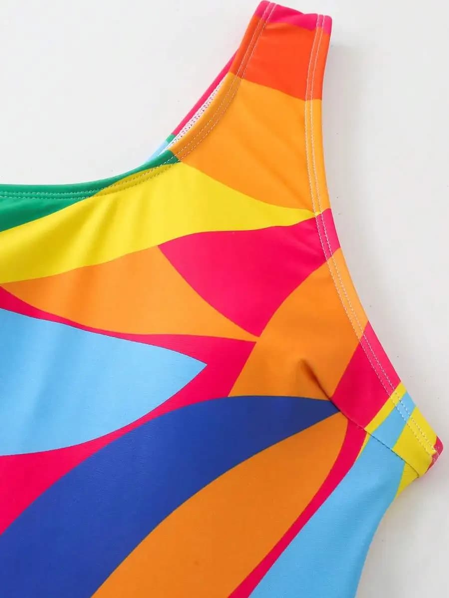 Costume da bagno monokini da donna con spalline incrociate e gonna con laccetti, stampa geometrica multicolore, per l'estate e la spiaggia