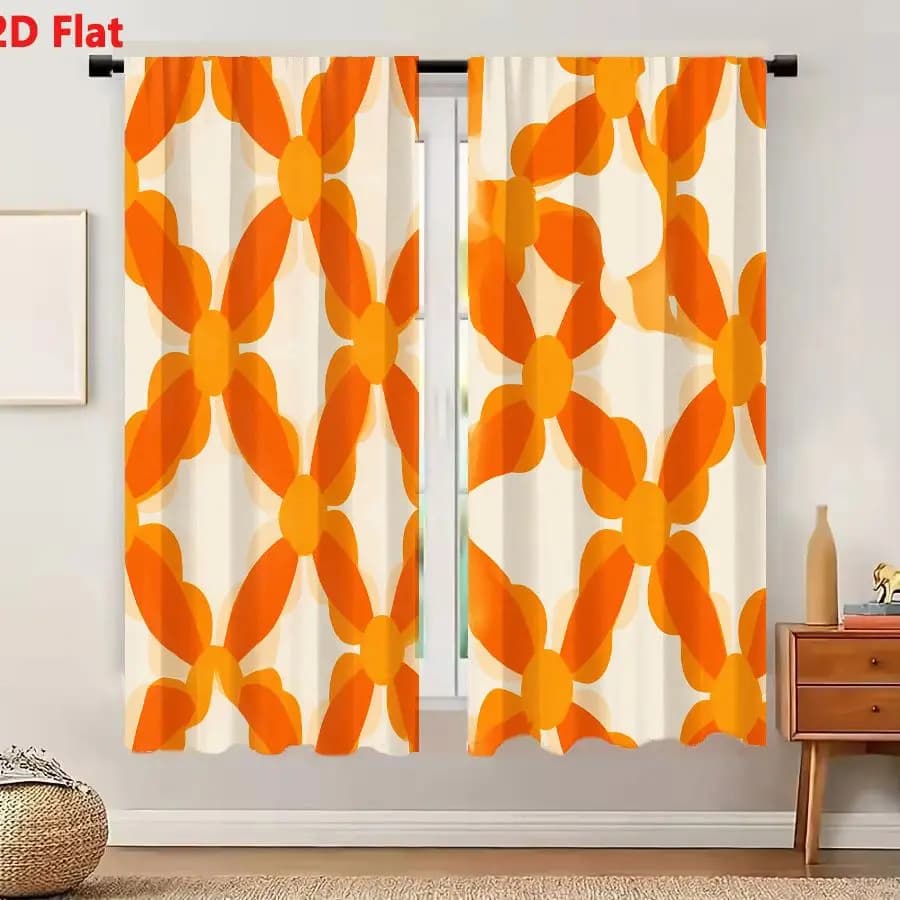 2Pcs Curtains 2D Flat Retro Mid Century Modern Geometric Floral Star Pattern Orange On Beige Background Window Drapes for Bedroo
