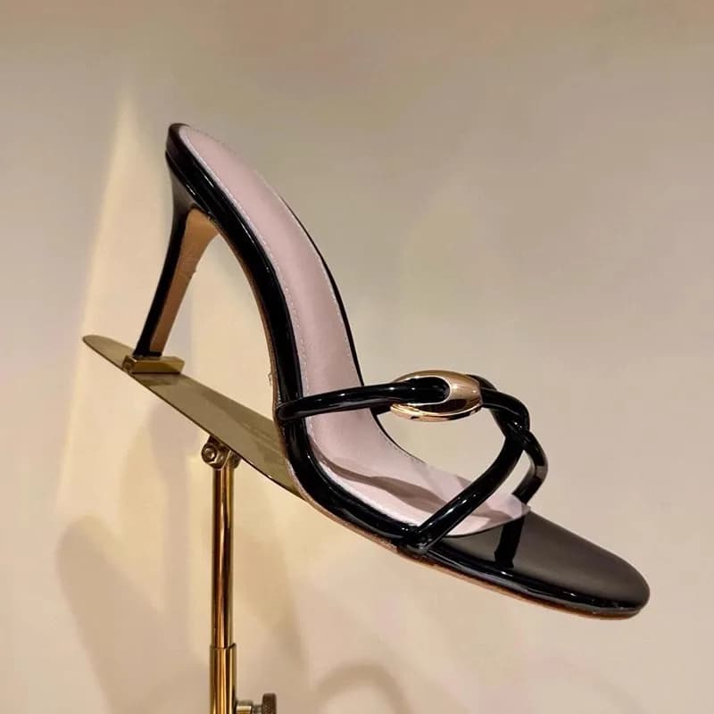 Metal Decorative Thin-Strap Sandals Open-Toed Zapato De Tacon Stiletto Slippers Black Red Gold Mules Leather Women's Shoes