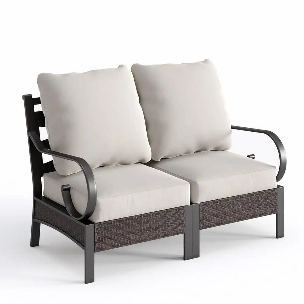 Divano da esterno per patio, divano a 2 posti in rattan e metallo per tutte le stagioni con cuscini e cuscini lombari, divanetto con braccioli
