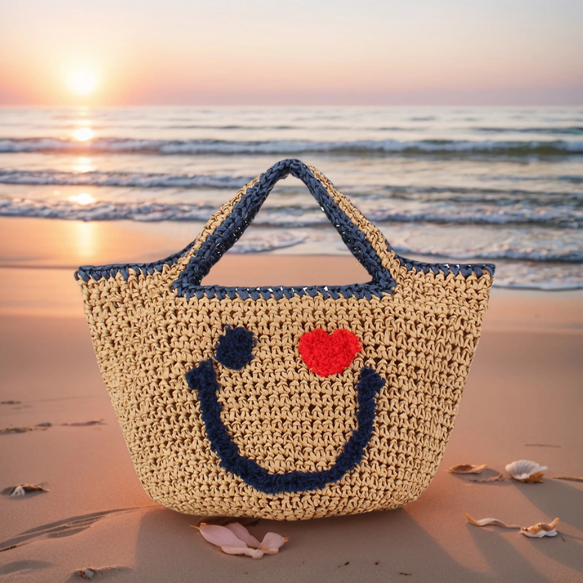 New straw basket braided cute bag with smiling face knitted bag summer beach bag with upper handle woman travel bag